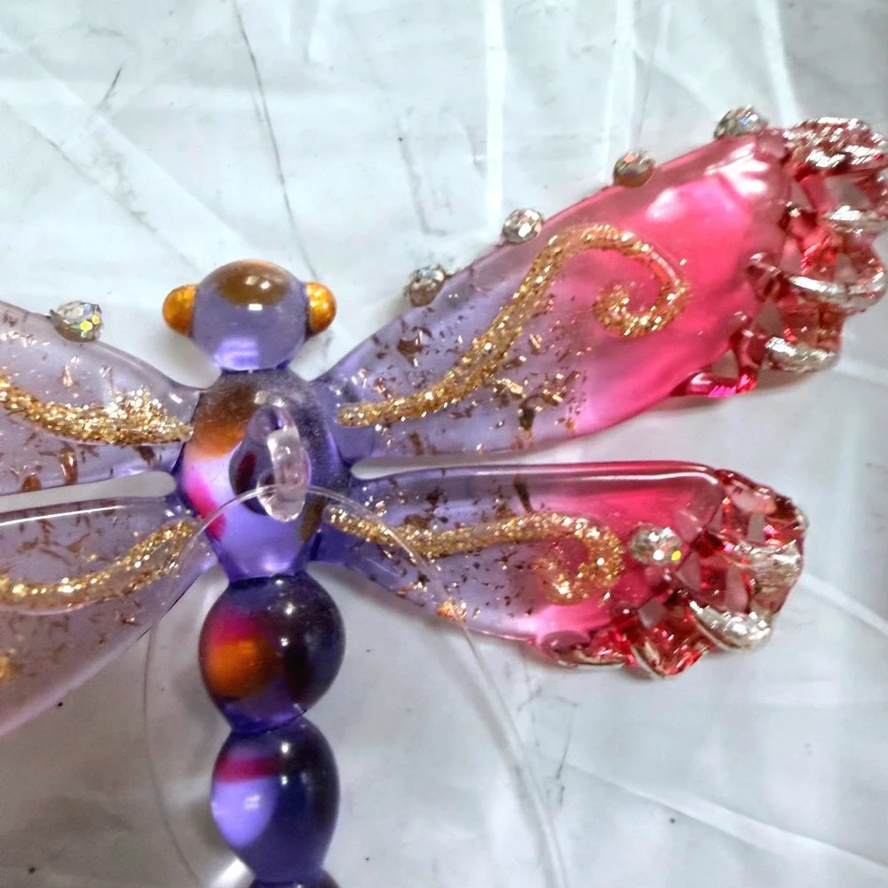 Purple Pink Glass Dragonfly Ornament Gold Foil Rhinestone Suncatcher Whimsical